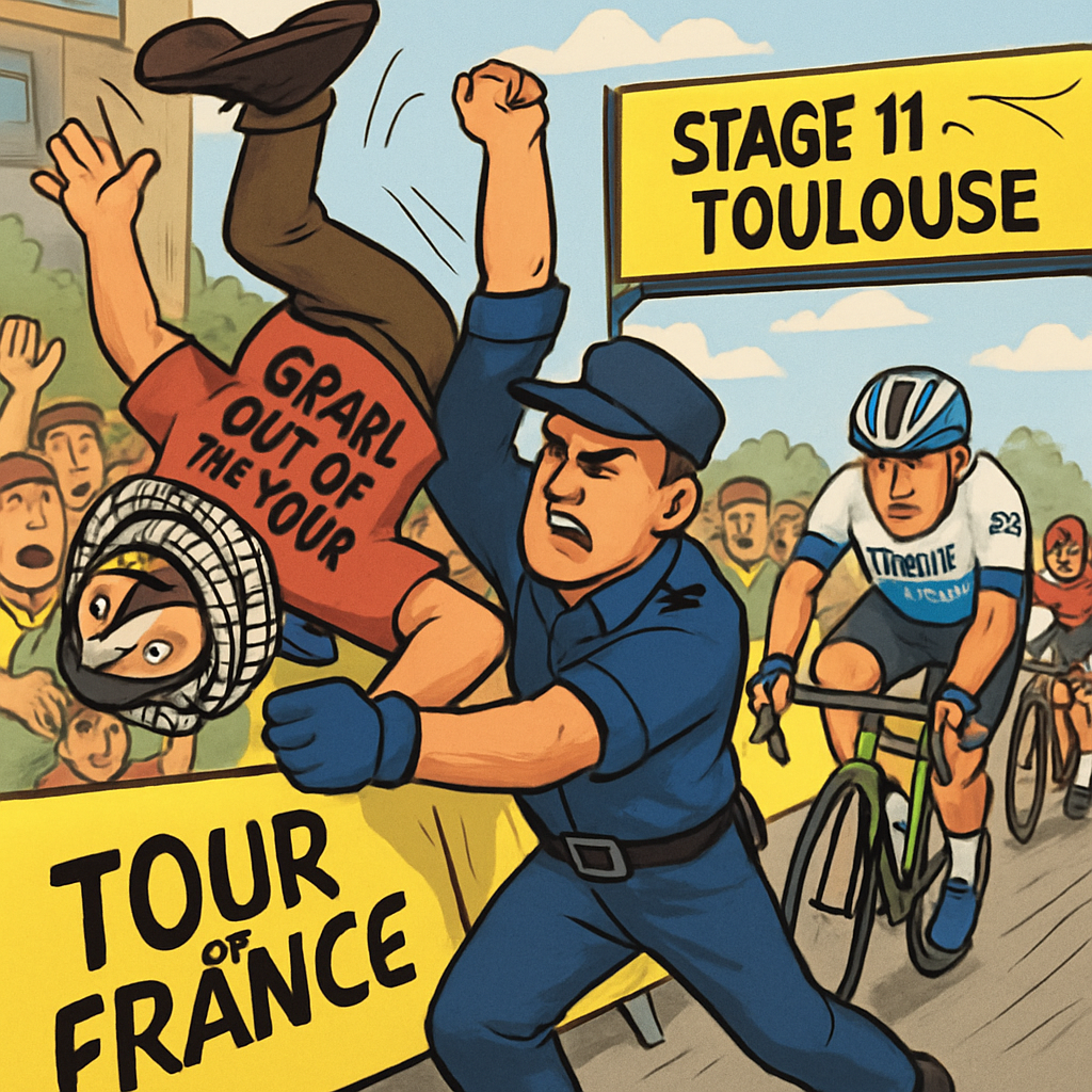 Tour de France Tour De Force ... Protester Flipped Over Barricade by Staffer